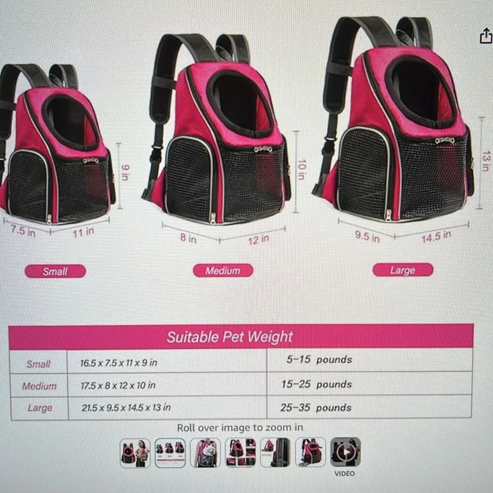 Pet Carrier Backpack, Pet Front or Back Dog/Cat Carrier, Sz Medium Pink